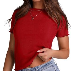 Red Ribbed Short Sleeve Top